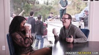 Ebony babe Paris The Muse gets her mouth used by 10 cocks in a bukkake scene