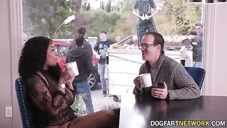 Ebony babe Paris The Muse gets her mouth used by 10 cocks in a bukkake scene