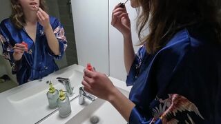The French beauty with big boobs fucks in the bathroom early in the morning