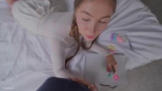 A stepsister is having her first experience with blowing jobs