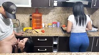 Beautiful step-daughters of 18 years old are cooking and must feed their stepfather