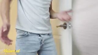 Hot stepmom caught her stepson spying, lets him fuck her hairy pussy
