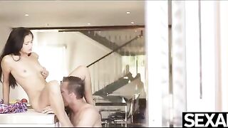 The brunette was fucked doggy style right over the kitchen counter
