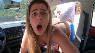 The blonde babe gets fucked hard in the car on public parking