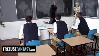 Teacher Valentina Nappi fucked by three students in a classroom scene