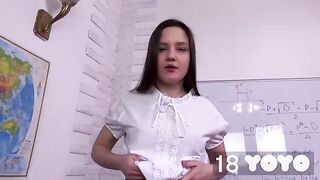 A cute girl came to the exam with her dildo and got fucked