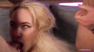 Two guys fuck mouth-watering blonde with huge boobs