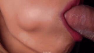 Horny babe broke the condom while sucking dick and got all cum in her mouth