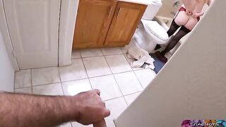 Stepmom undresses after work, getting ready for shower, as stepson watches
