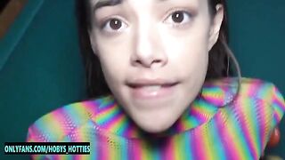 Skinny Latina slut Harmony Wonder gets her throat fucked and face smeared with cum