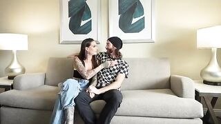 A brunette babe gets her boyfriend's huge cock sucked for the first time