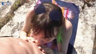 A hot brunette babe is about to be fucked by a guard in a steamy outdoor encounter