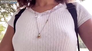 Babe masturbates publicly and a guy films her wet pussy