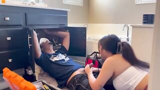 Asian girl pays for repair by giving a blowjob to the handyman
