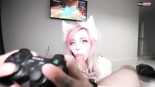 The baby plays video games and fucks with a guy’s dick in a steamy scene