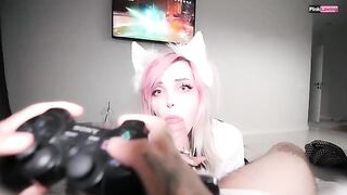 The baby plays video games and fucks with a guy’s dick in a steamy scene