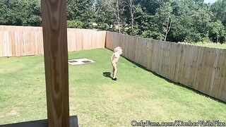 A blonde gets undressed in the backyard and then has sex on the porch
