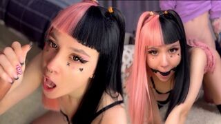 Emo babe with pink hair gets gagging blowjob