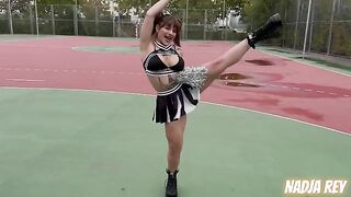 Cute cheerleader bounces on big dick on the city streets and swallows cum
