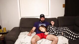 A stepmom fucks her stepson on the couch and comes inside his cock