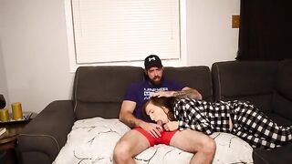 A stepmom fucks her stepson on the couch and comes inside his cock