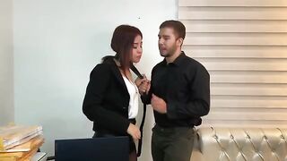 The cutie is fucking with her boss in stockings, ending with a squirt
