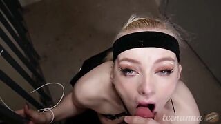 A girl with blue eyes passionately fucked in the mouth outdoors