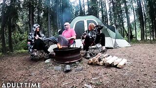 POV Hot Poly Wives Take Turns Sucking Dick And Fucking In The Wilderness