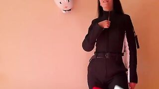 A skier finishes his training and rests with a sexy stepmom