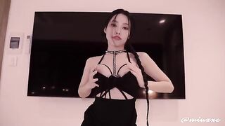Hot Asian girl in a black dress squirts while I cum inside her