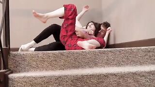 Perky stepsister gets fucked on the stairs in a steamy scene