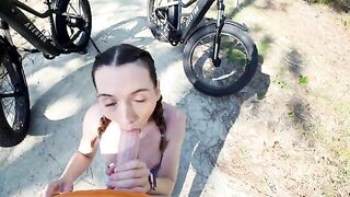 Scorching hot petite chick is giving a blowjob to her tour guide