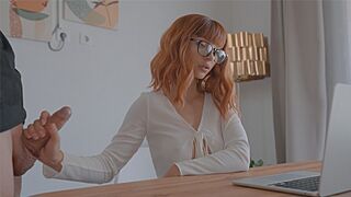 Redhead babe fucks with a guy on a Zoom meeting