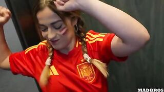 Hot Spanish supporter gets fucked in anal and DP in the parking lot