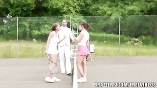 Friends of a girl have sex with her rich uncle on the tennis court