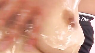 Oiled Japanese boobs with a finger in the member, Asian beauty's handjob skill is outstanding