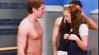 A cute schoolgirl wandered into a male locker room and got wild with two guys