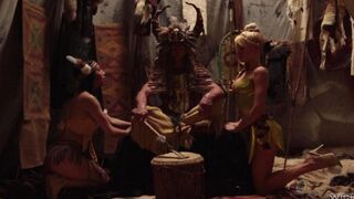A red-skinned beauty fucks with two handsome princes in an intense threesome