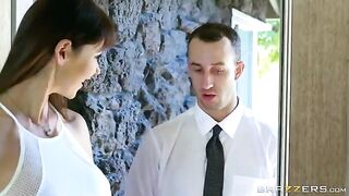 A beautiful woman got a noble man’s cock in her fake big tits