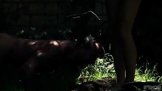 Blonde beauty sucks a cock of her lover in the garden