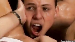 Bukakke in the mouth, a man's hot sperm spills out