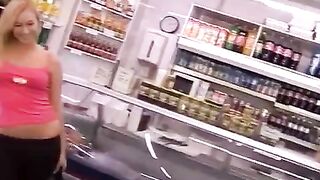 Beautiful thief fucks at the cashier, showing her holes