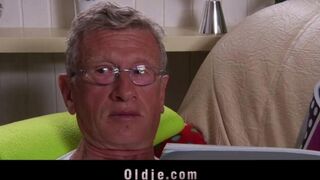 A hot girl is fucking with an old man on the couch