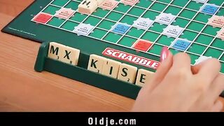 A young blonde has sex with an old peasant on the table