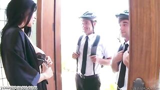 A girl in stockings was fucked by two Jehovah's witnesses in a steamy threesome
