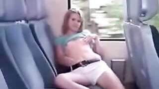 On the bus, ironing her pussy through panties began in the back seat