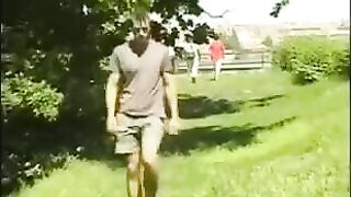 A guy masturbating his big cock in the hayloft, what a sight