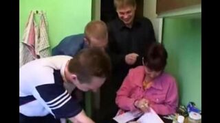 A Russian woman with her son has sex with three guys