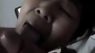 The Chinese woman practices blowjob with her tongue