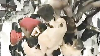 Bunch of guys fucked girl in front of a crowd of people